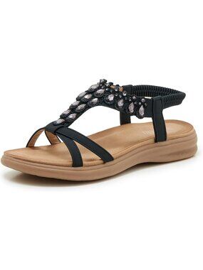 Sparkly Rhinestone T-Strap Flat Sandals - Bohemian Summer Shoes for Beach